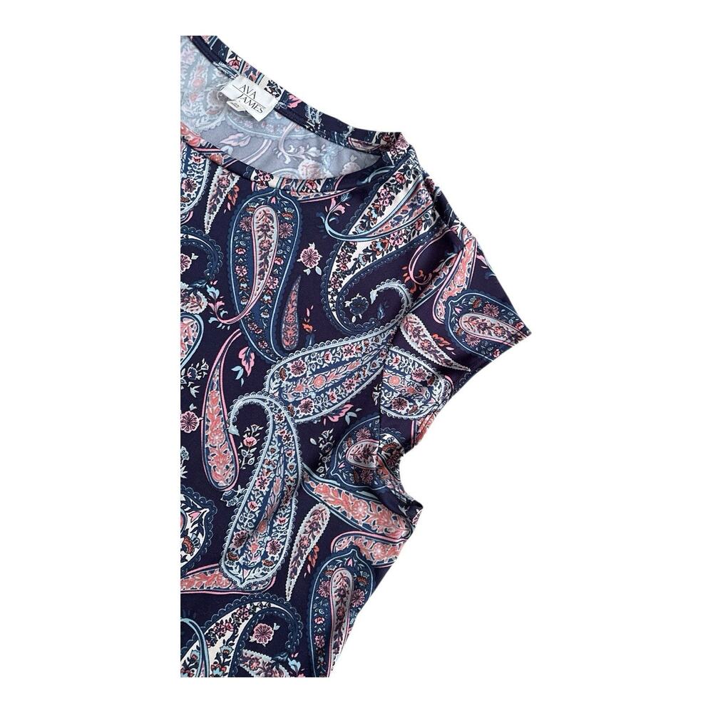 Ava James Womens Plus 2X Paisley Blouse Flutter Sleeve Stretch Knit Navy Pink - Picture 4 of 5